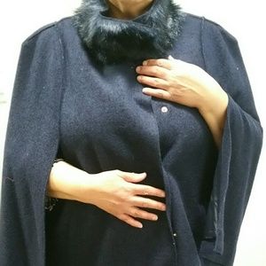 Navy Blue Iman Cape Coat Faux Fur Collar  - 2X